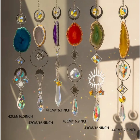 Set of 6 Crystal Suncatchers - Sparkling Hanging with Prisms, Agate Slices - Picture 2 of 7